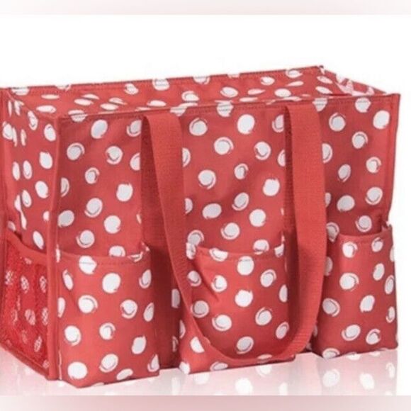 Thirty One Zip-Top Organizing Utility Tote Bag Red/White Swirl Dot “joy” - EUC - Picture 4 of 7